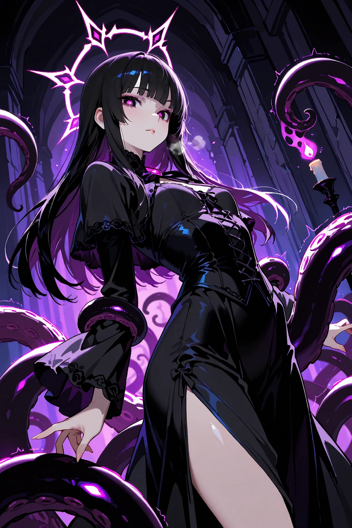 ((Girl fused with tentacles. Tentacles from the skirt)). School uniform. Black costume. A dark-haired. The long-haired. Cropped bangs. natta.two eyes sticking out of the head,. facing front. A creature with a large mouth peeks out from above. Invincible smile. Short skirt. natta. Back alley