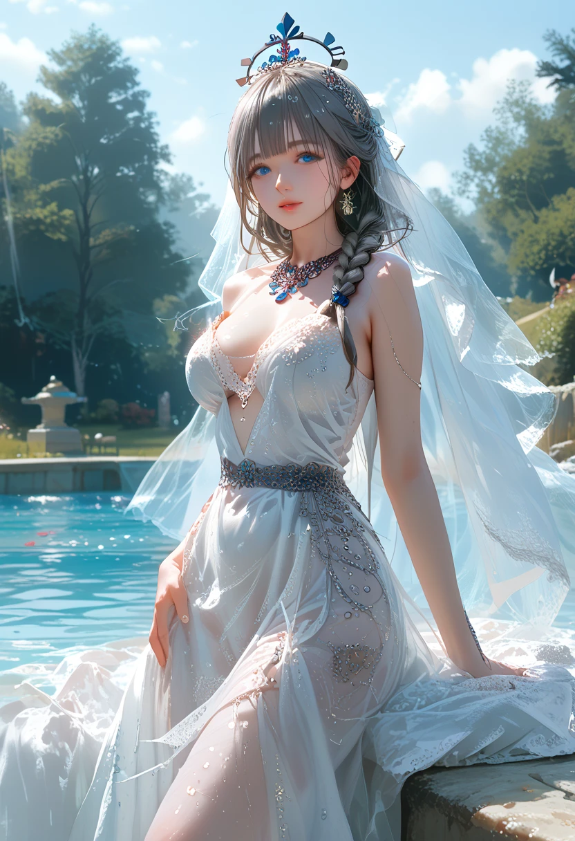 ((top quality)),(ultra high resolution),(Super detailed),(detailed description),((the most picturesque works of art),super precision art,amazing art of depiction,fantasy art:1.5, ((綺麗なflower々:1.3)), (glamorous body:1.5),fancy background effects、masterpiece、fancy details、(NSFW 1.1), ((1 female)), ((muste piece)), ((extremely detailed:1.3)), ((Beautiful woman entering the lake in crystal clear water)), ((beautiful long hair)), wet hair, wearing a transparent dress, Bathing clothed, (水に浮かぶバラのflowerびら:1.5), (early morning light), ivory gold AI, temple, crepuscular lighting, (very huge )、pink nipples、pink areola，Transparent pink areola、((Transparent pure white wedding dress that shows your skin、Detailed design))、Arranged,intimate, rose garden、colorful roses、lake with floating roses、wet body、(頭にflowerの装飾)、大きなflowerいっぱい、solo, water play, flowerいっぱいの髪飾り, flower々, sky porn,Pure white dress that becomes transparent when wet, shines wet with water、(muste piece),(Highly detailed CG Unity 8K wallpaper),best quality,cinematic lighting,detailed background,beautiful detailed eyes,bright pupils, (very delicate and beautiful),(Beautiful and detailed eyes),((muste piece)),(Purple eyes)