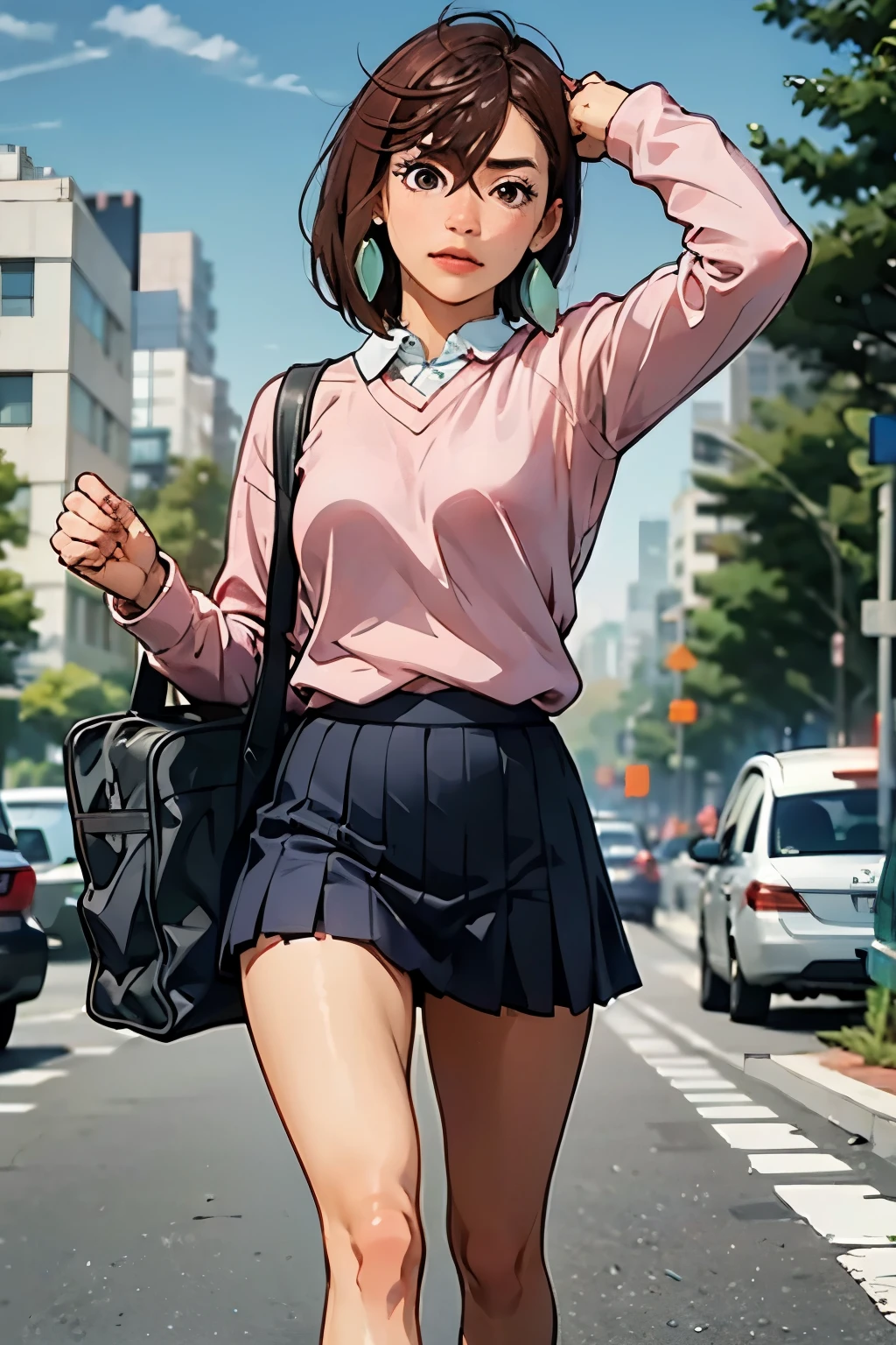 score_9, score_8_up, score_7_up, source_anime, BREAK 1 girl, viewers after shaving armpit hair, outdoor, scenery, green, blurry background, Dutch Angle, v Pose, Armpits Closed , schools, Ayase Momo, brown hair, short hair, hair between eyes, asymmetrical bang , brown eyes, earrings, black choker, schools uniform, white collared shirt, pink sweater, Long Sleeve, red ribbon, blue skirt, miniskirt, white socks, loose socks, brown footwear ,