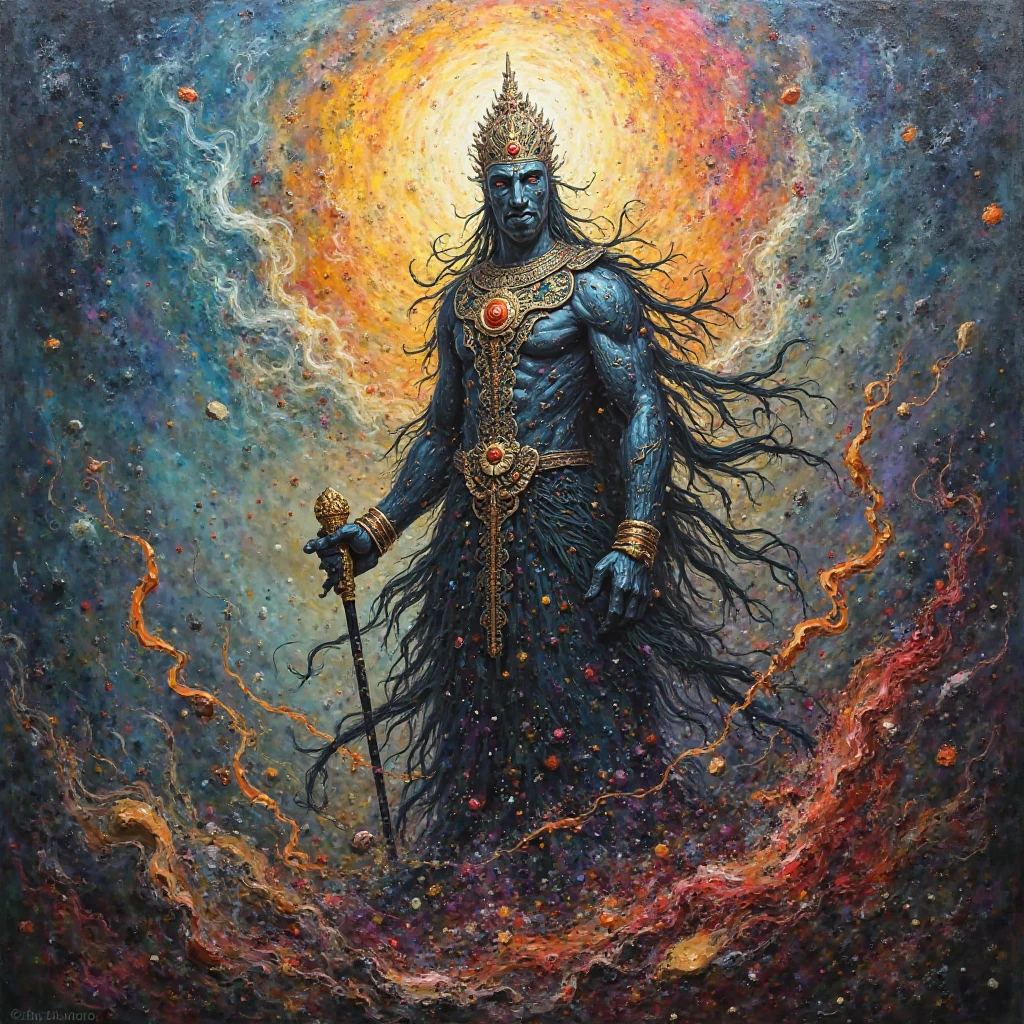 Alta qualidade, 4k, alta resolução. Deus do fogo, guerreiro imponente, flames dancing in his eyes, aura de fogo envolvendo seu corpo; carries a flaming spear; pele dourada, cabelo feito de chamas. serious face, frontal.