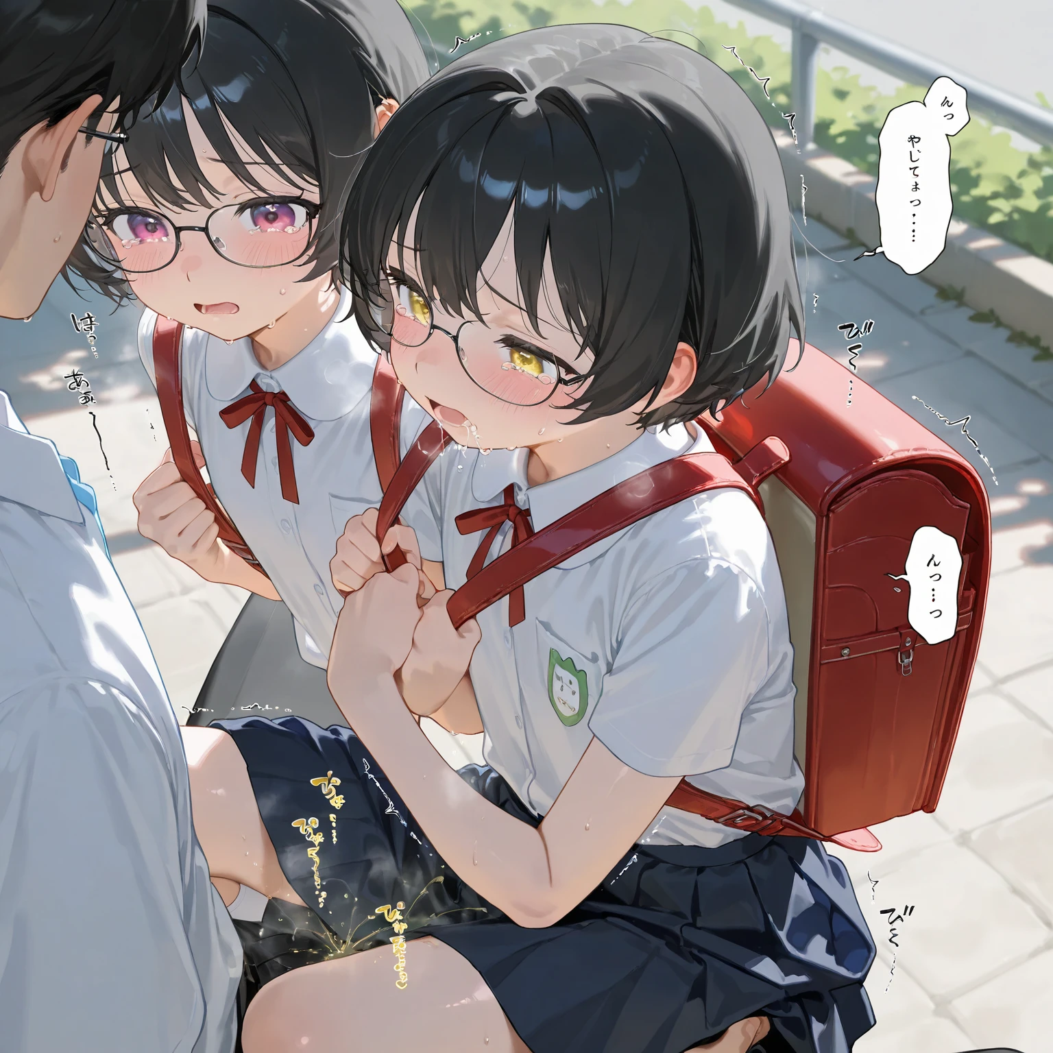 Super childish and super cute Super young body type Yellow hat Red school bag Face Maximum Close-up A huge amount of semen is ejaculated into her face by two penises, leaving her face covered in semen