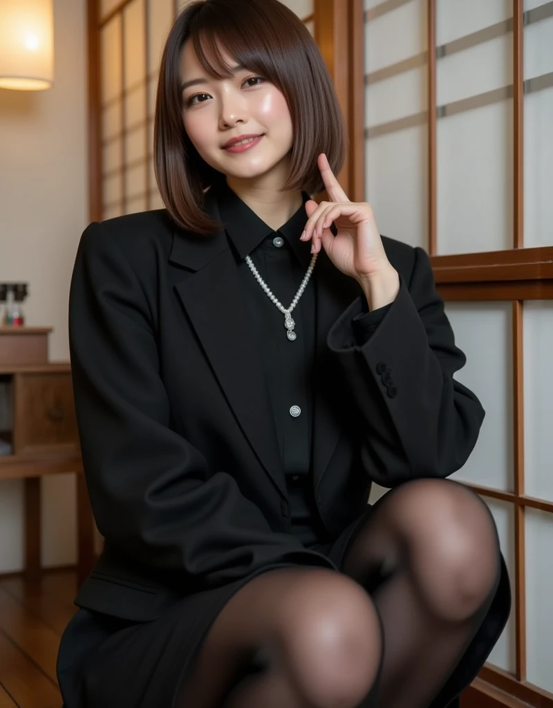 ((1人の女性,The most beautiful faces in Japan,40 years,Old face,A MILF,There are wrinkles at the corners of the eyes,Perfect gas chamber,Shot up close,Looking at the camera,View here)),((((Black shirt,Black suit jacket,Black skirt)))),((pearls necklace,Classy hairstyle,natural make up,The chest is very bulging,Smile here,Lowered eyebrows,drooping eyebrows,Staring at them with an adorable expression,Sitting in a Japanese-style room,Japanese-style tatami room,shoji,,Seowon Building,Sitting on a cushion in a room in Japan,Looking at the camera,look at a camera,Take a photo above from your lap)),((Turn to this,View here,Perfect fingers,perfect arms,细致背景,top-quality,The ultra -The high-definition,Perfect Anatomy,high-definition RAW color photography,professional photograpy, extremely delicate and beautiful, Extremely detailed,finely detail, Huge file size,Top image quality,8K,Award-Winning Works,masutepiece)),(((Black pantyhose:1.3,The pantyhose are transparent and the thighs are visible.)))