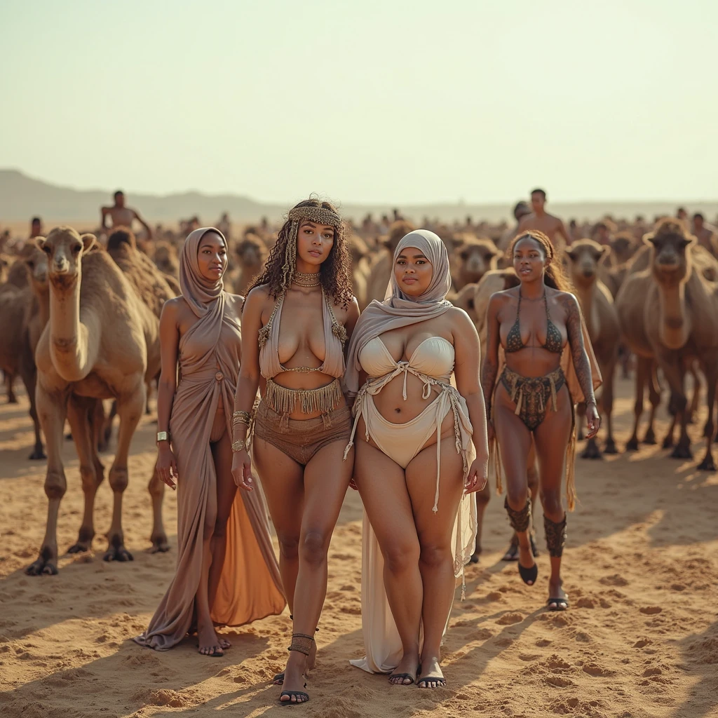 Full body view. Sex Slave Daenerys Targaryen(accurate face) standing. Topless wearing light transparent rags skirt, collar around her neck wearing silver jewellery around her waist , hands tied. Thick curvy figure fat belly and thick thighs. Looking at you sad expression tears from her eyes, erect puffy nipples, dirt her body, slave branding on belly, At slave market background. Slave auction standing with other slaves women.