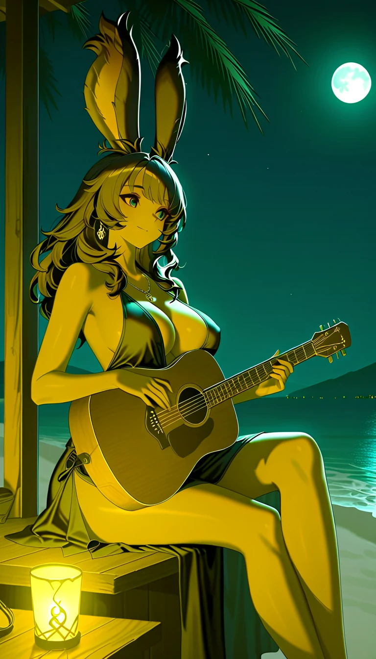 Alone rabbitfolk, fantasy race, large breasts, bard, slutty revealing outfit, rabbit ears, rabbit tail, musical instrument, wandering minstrel, slutty, musical instrument, minstrel and prostitute, prostitute,
