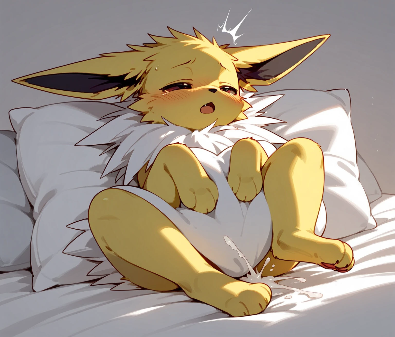 Leafeon, young, Brown eyes, Two-tone body fur, Transparent yellow fur, Transparent green fur, Brown hands, Brown legs, have three toes, Fine fur, Detailed face, Fine grain, Shining Body, Shiny body, masterpiece, high quality, Anime Style, whole body,Spread your legs,Sticking out tongue,Drooling,blush,Double teeth,On the futon,Heavy breathing,Slightly smaller eyes