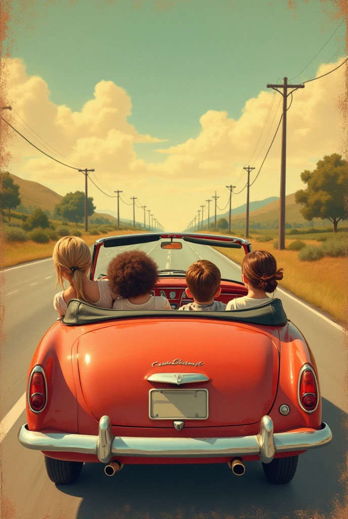 Vintage car on top of a hill with two people inside where one&#39;s legs are sticking out the window