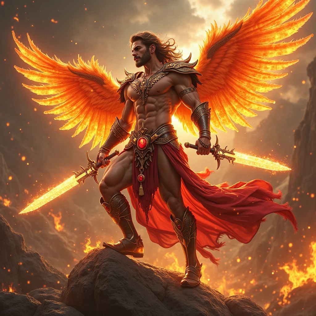(best quality,4k,8k,highres,masterpiece:1.2),ultra-detailed,(realistic,photorealistic,photo-realistic:1.37),man with phoenix wings on his back,fire surrounding his fist,feathers,captivating expression,flaming wings spread wide,Fiery light,cinematic mood,dramatic angle,heroic stance,mythical creature,sculptural details,radiating power,celestial aura,vibrant color palette,scorching flames,epic fantasy,mythological hero,heroic mythology,combustible energy,luminous heat,dynamic movement,high-contrast lighting,archetypal figure,detailed feather texture,mythical symbolism,fiery trails,embodying strength and grace,vividly glowing embers,powerful presence,extraordinary supernatural ability,astral fire,enduring power and rebirth,fiery spirit,awe-inspiring spectacle
