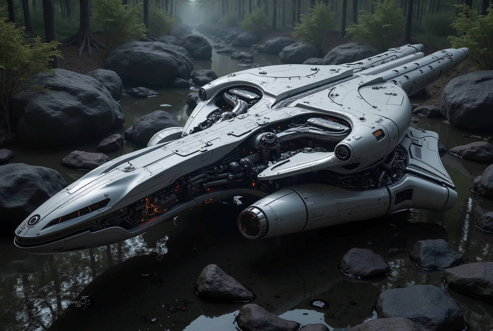 (full body shot) ,Reality, looking from top to bottom , with technological detail and obvious mechanical structure,AERODYNAMICS OF GEOMETRY, 4K , A Damaged Futurist Spaceship, crashed in my home forest backyard,Park burnt weeds on the ground,, Realistically exquisitely rendered shadowy swamp,Dull Forest,,(Damaged engine),(Damaged metal part),broken glass cover,Spaceship engine fake, Scorched Weeds,miserable sunset,afterglow,Destroyed world background,hanging on the ground, (Global Illumination, light tracking , high dynamic range, Fantasy Rendering , Reasonable Design , High detail, masterpiece, Best Quality, Ultra HD, soft),3D style