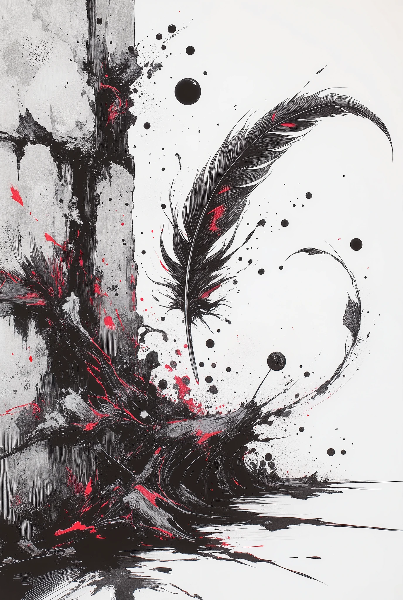 Masterpiece, highest quality, retina, black and white image, Noriyoshi Oarai style, (1 single curved feather hovers and whirls in the air, quietly falling down), (1 rough concrete wall), (fine lines, shadow), direct dynamic angle, dynamic fine lines and brush splashes, black and red ink