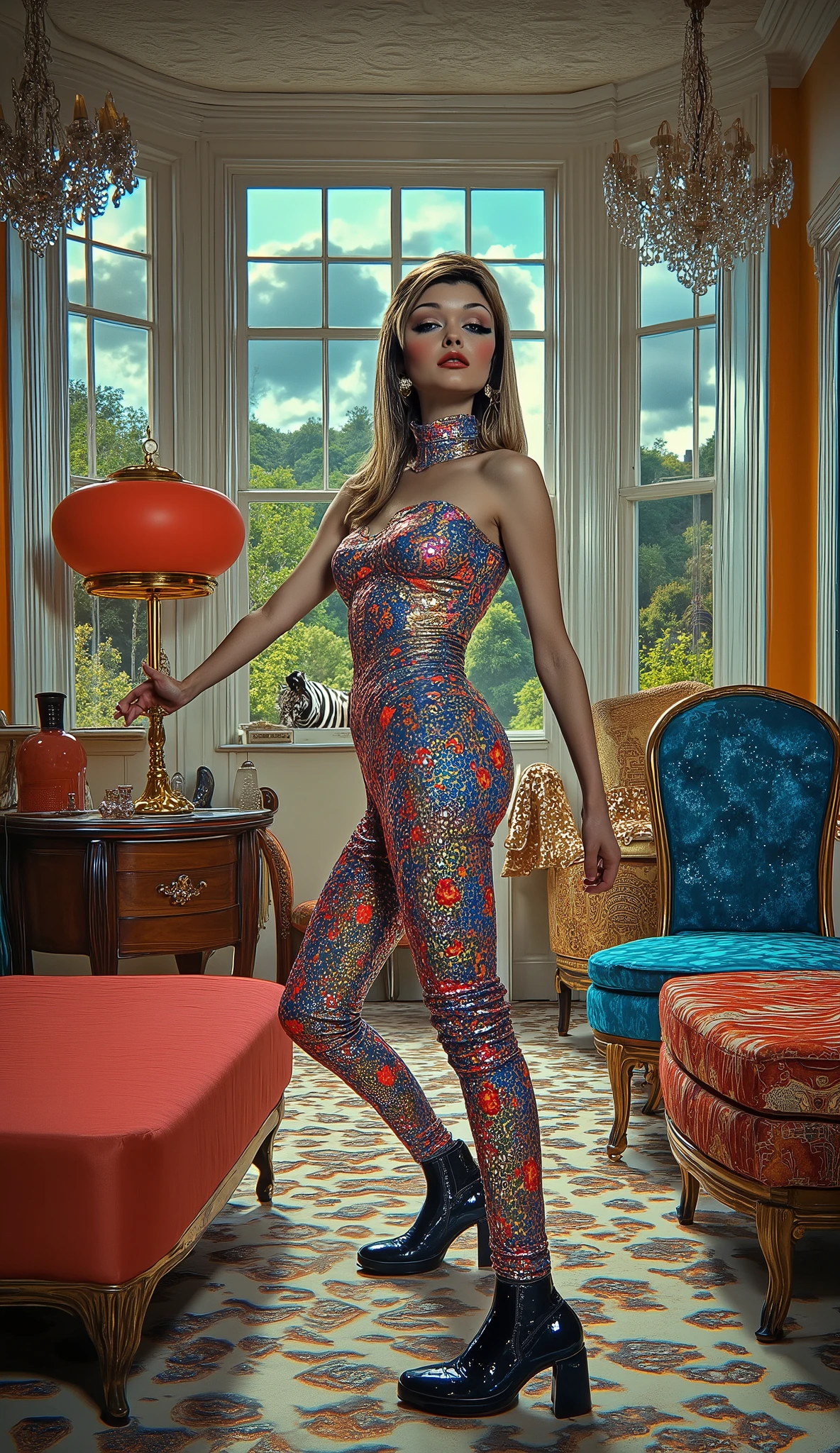 Psychedelic absurd surreal art. An asthenic model poses for a fashion magazine. Strange appearance. Strange conceptual clothes. Incredible shapes and materials. Baroque decor and decorations. The background is a large Baroque room. Lots of furniture. Fabrics, crystal lamps, lots of bright colors. The light falls from a huge window. The garden is visible outside the window. There's a zebra in the garden. Diagonal angle. Digital art. High detail.