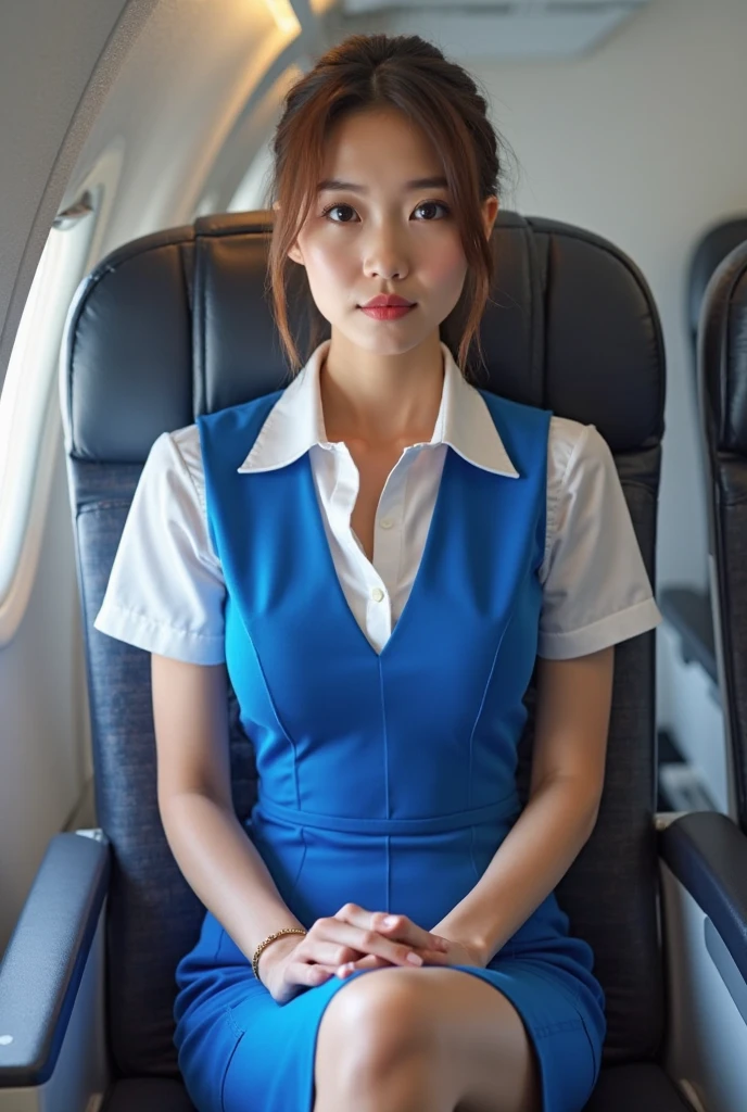 (8K, best quality, masterpiece:1.2), (realistic, photo-realistic:1.37), (high color saturation:1.0), (highly detailed skin), (highest quality:1.0), (ultra high resolution:1.0) ,(realistic:1.0), (Super detailed:1.0), (8K, Raw photo:1.1)、standing random pose, smiling, natural breast, perfect lighting, 3girls, 22years old, (mysterious), clear and detailed, ((ANA_Cabin Crew, blue flight attendant_uniform)), black pantyhose, (aircraft, aircraft seats), cute face, squat , (pick up handkerchief),