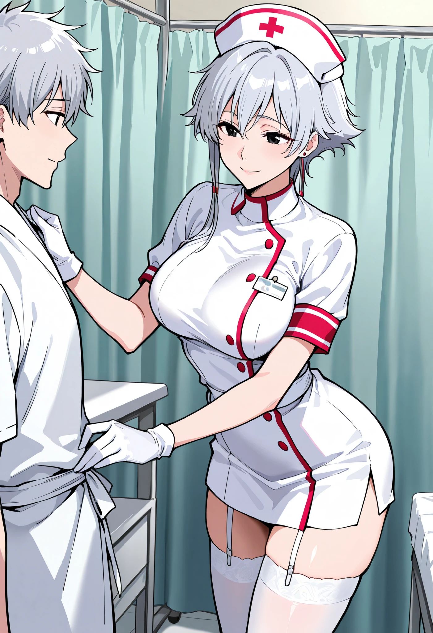 Score_9, score_8_up, score_7_up, source_anime, is4ne, silver hair, short hair with long locks, black eyes, large breasts, (best quality), (high quality), {masterpiece}, extremely delicate and beautiful, ultra-detailed, beautiful detailed eyes, nurse, nurse hat, ((white nurse's outfit)), white gloves, white thighhighs, hospital room, smile, closed mouth, standing