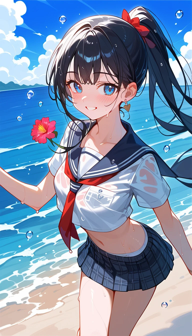 A beautiful girl with black hair and a ponytail wearing a white summer sailor uniform、Black glove on left hand、Holding a silver metal yo-yo in his left hand、Sticking out in front