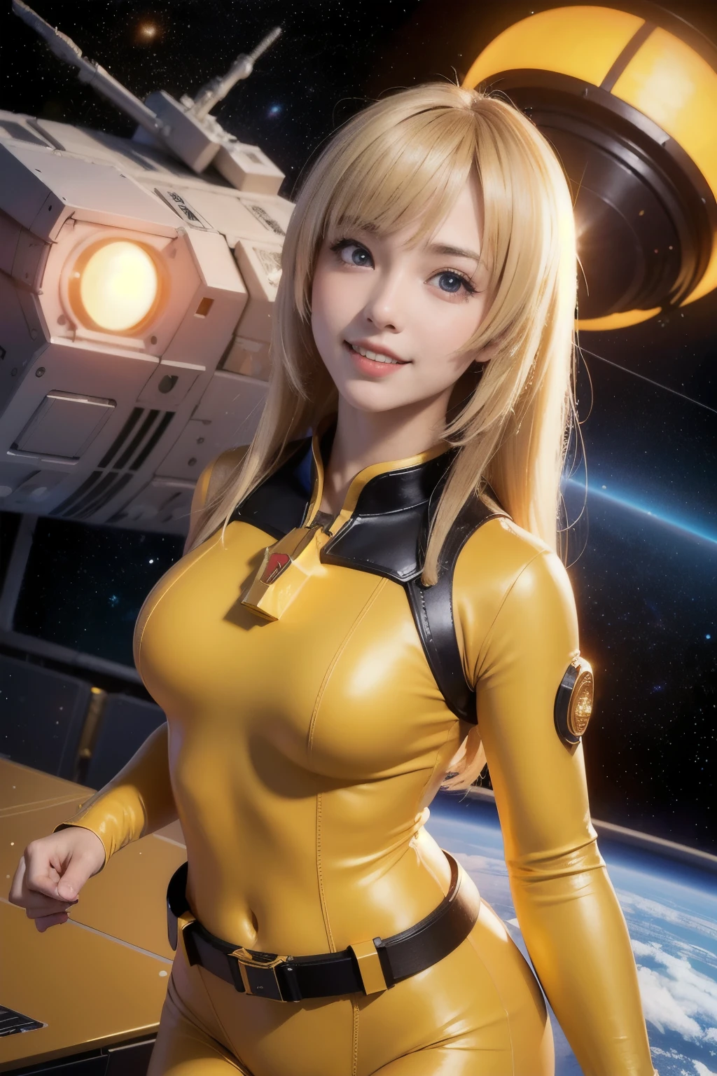 (masterpiece, best quality:1.2), (cowboy shot:1.1), solo, 1girl, mori yuki, slight smile, closed mouth, looking at viewer, blonde hair, thigh gap, yellow bodysuit, skin-tight, perfect body, belt, large window, (starship porthole:1.3), from front, (spread legs:1.3), (standing:1.1), thigh gap, perfect hands, bright starship interior, (outer space view:1.1), (orbital view:1.3), (night, stary sky:1.5), milky way