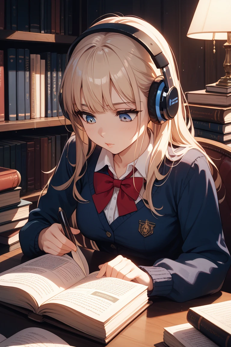 masterpiece, best quality, (Highly detailed CG Unity 8k wallpaper), (best quality), (Best Illustration), (The best shadow), (Stable Diffusion Model), Violet Evergarden, sparkling, fair, Victorian bedroom, Dynamic Lighting, Depth of Field,In the school library, a Western blonde girl with headphones on, boredom evident as she twirls a pen, while nearby classmates are busy writing on their test papers.