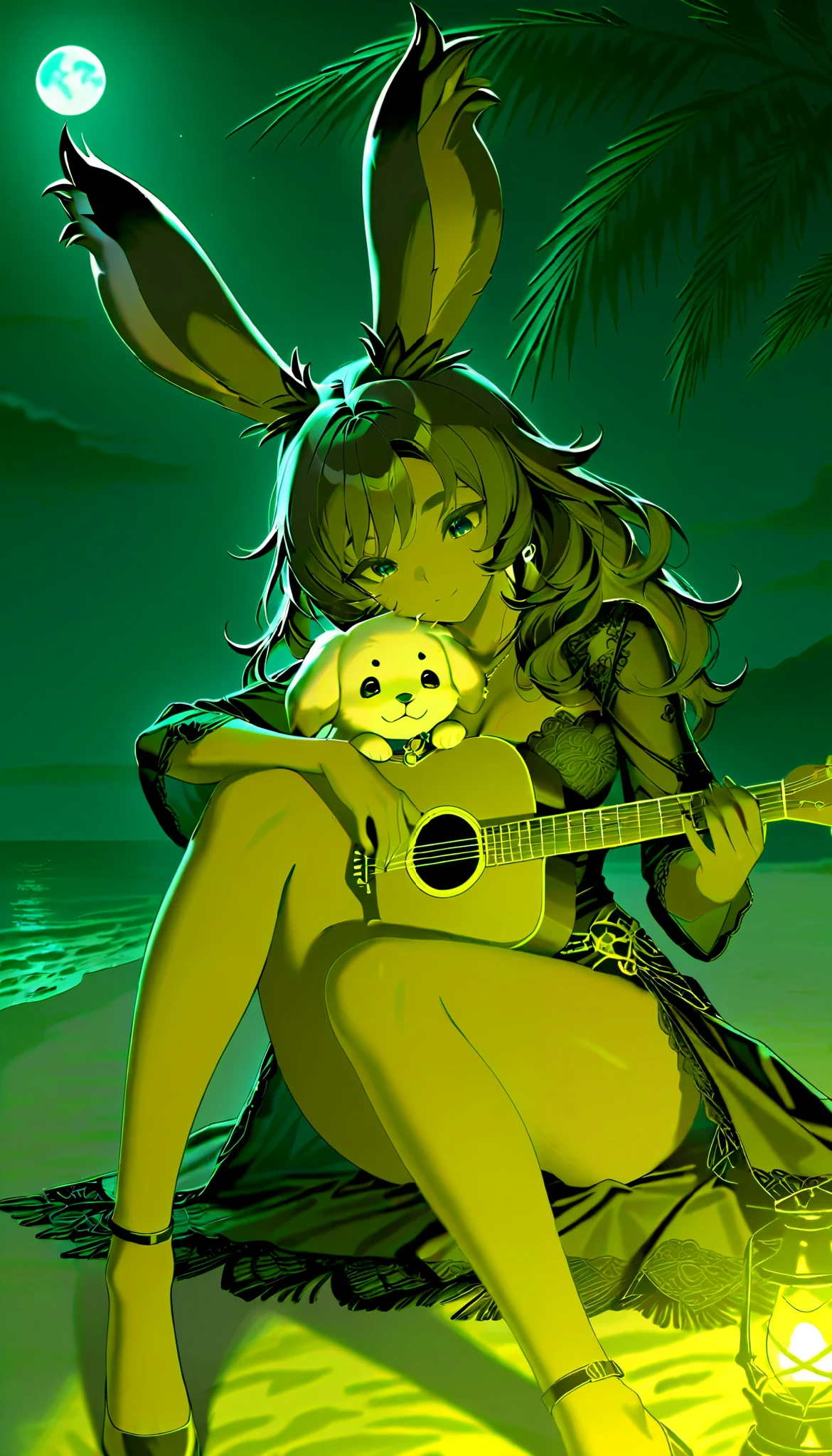 Highest quality、masterpiece、 Award-winning work 、16k, one heartbroken busty Viera girl, Take the puppy alone, Sitting on a dark sandy beach in the middle of the night, moonlight 、 in the center {x} acoustic guitar, I'm making the puppy listen to a song