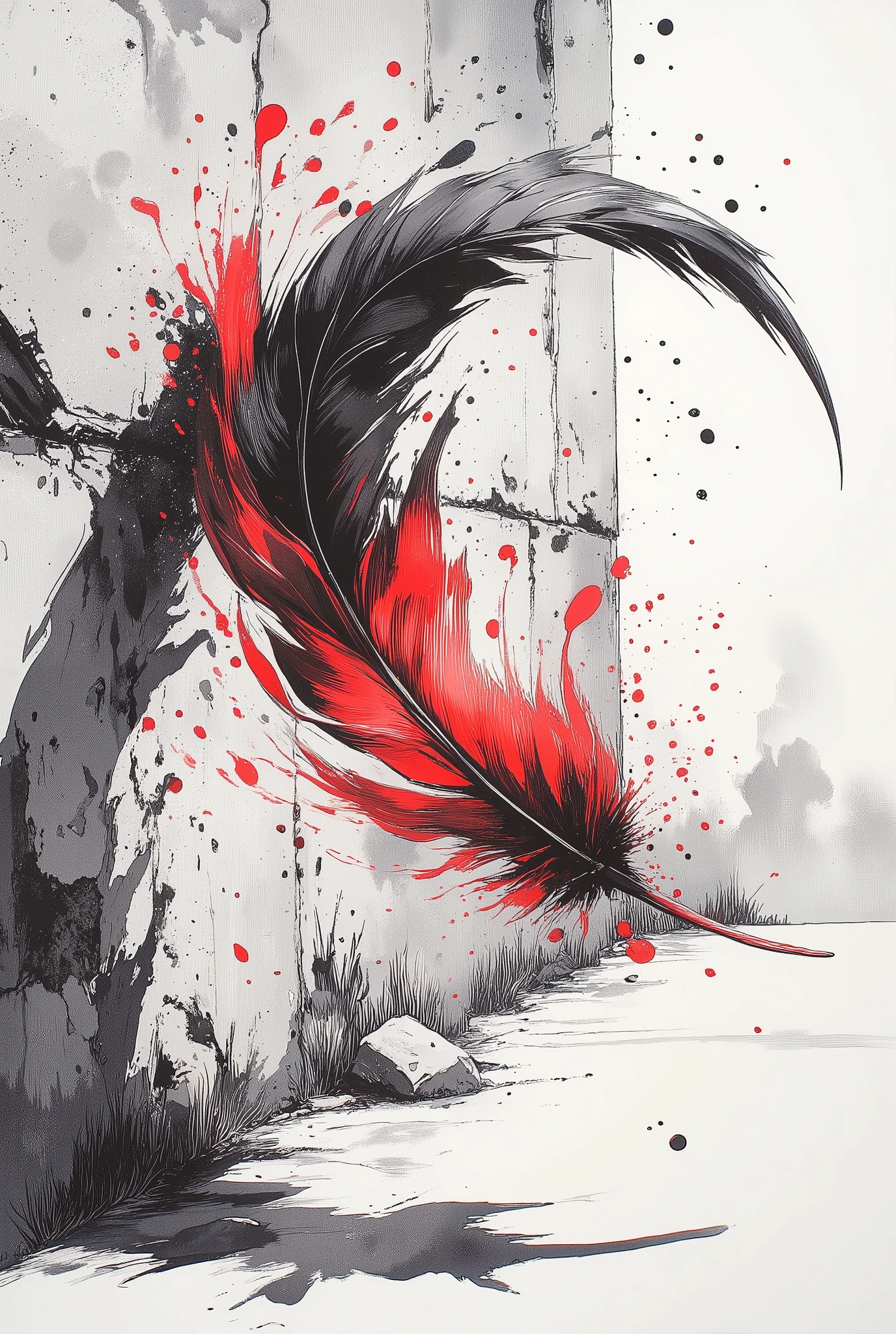 Masterpiece, highest quality, retina, black and white image, Noriyoshi Oarai style, (1 single curved feather hovers and whirls in the air, quietly falling down), (1 rough concrete wall), (fine lines, shadow), direct dynamic angle, dynamic fine lines and brush splashes, black and red ink