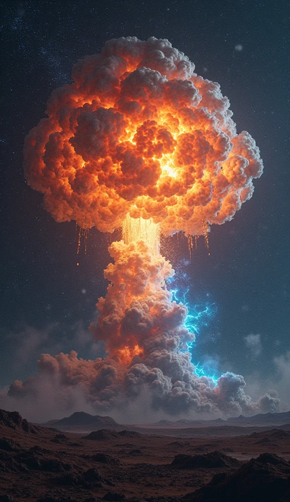 dramatic sky, blue lightning Style: masterpiece, best quality, 8k, sharp focus, realistic, ((Detailed)), ((Dynamic pose)), ((Good Highlights)), (Perfect Proportions), (dynamic), (intricate), (complimentary colors), good perspective, (Professional), (Award winning)
ADDCOMM
volcanic island background
Red flame, soft particles, explosion
BREAK
green flame, soft particles, explosion
BREAK
blue  flame, soft particles, explosion
volcanic island background, (masterpiece,best quality:1.5)