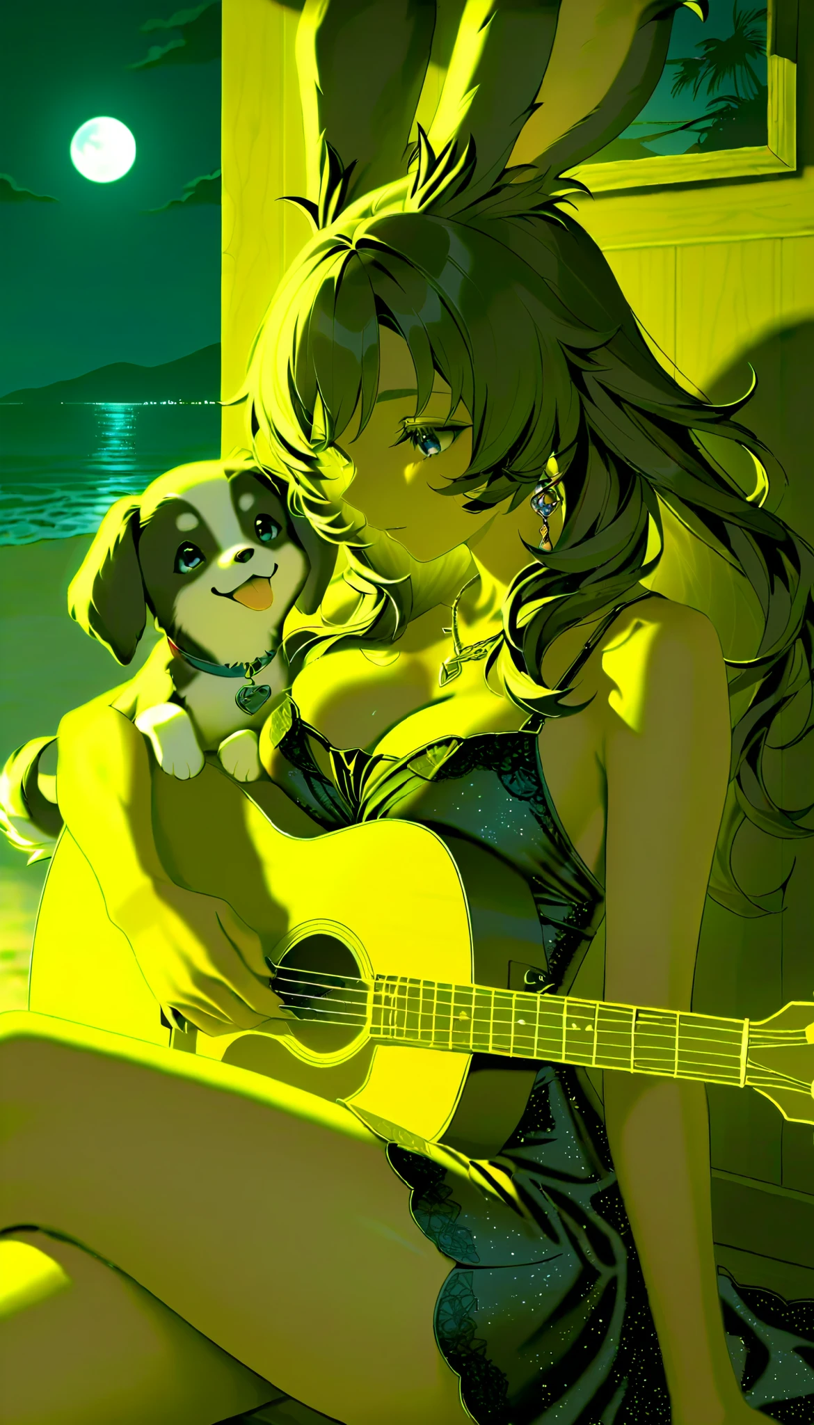 Highest quality、masterpiece、 Award-winning work 、16k, one heartbroken busty Viera girl, Take the puppy alone,  Sitting on a dark sandy beach in the middle of the night,  moonlight 、 in the center {x} acoustic guitar, I'm making the puppy listen to a song