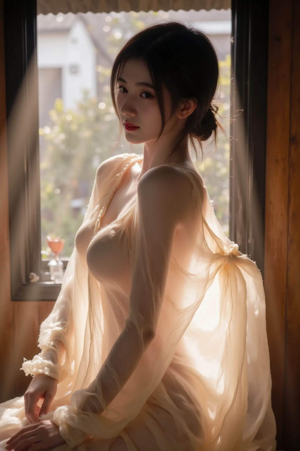 A portrait of beautiful nude woman with open silk robe, standing in the old town
