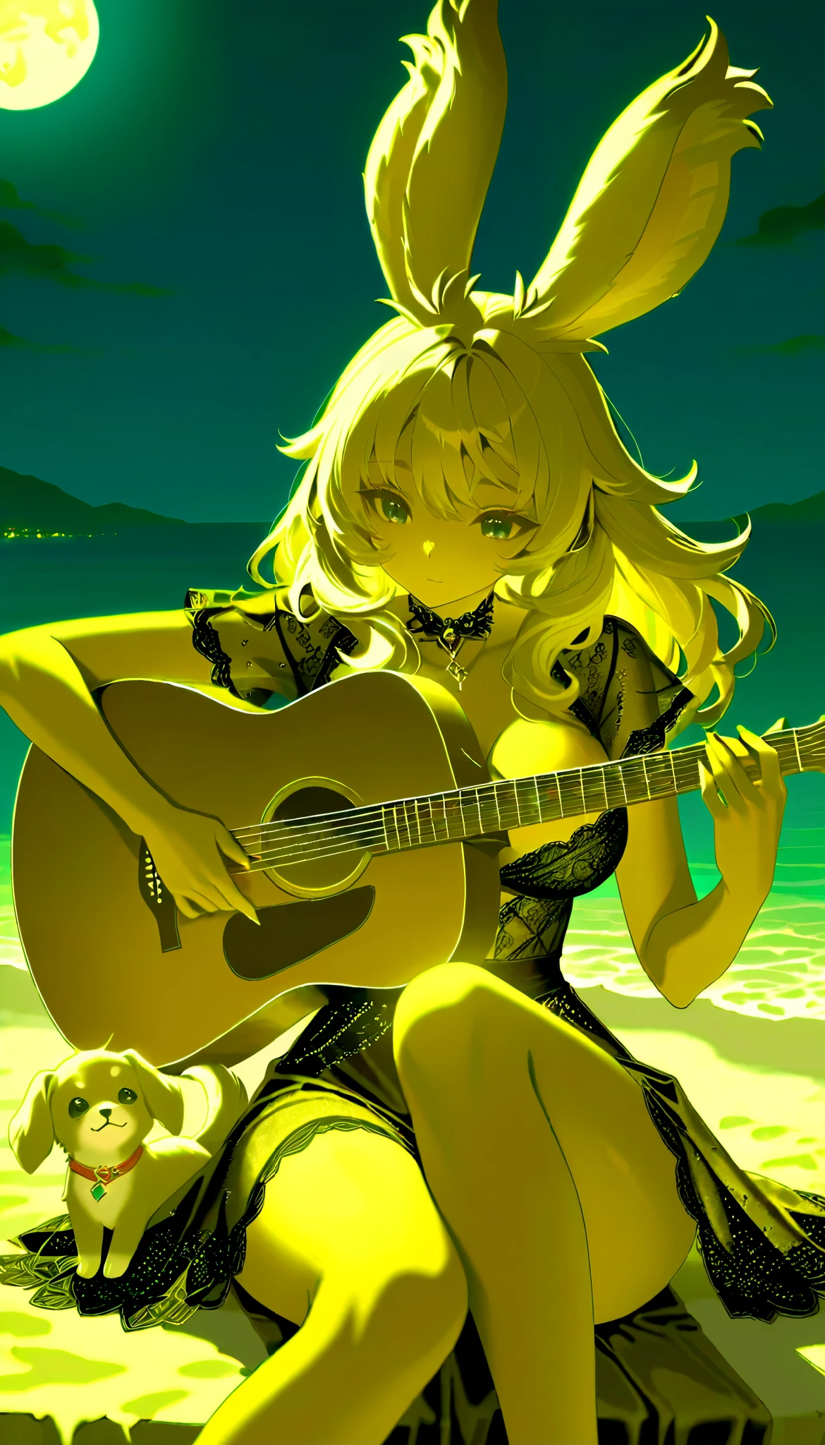 Highest quality、masterpiece、 Award-winning work 、16k, one heartbroken busty Viera girl, Take the puppy alone, Sitting on a dark sandy beach in the middle of the night, moonlight 、 in the center {x} acoustic guitar, I'm making the puppy listen to a song