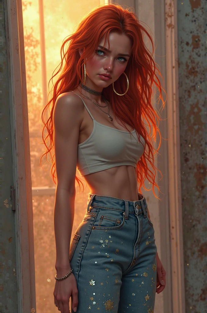 ((Best Quality)), ((Masterpiece)), (Detailed: 1.4), 8k, 1girl, blue eyes, red hair, very long hair, silky hair, big chest, slim waist, big body, defined body, thick thigh, well defined thigh. Wearing ripped micro shorts, babylook t-shirt. A concentration pose looking seriously at the viewer, low angle, view from the ground. Emitting a huge aura enveloping the entire body, a whirlpool of immense power enveloping the entire body, ki charge, intricate white aura with red aura.
