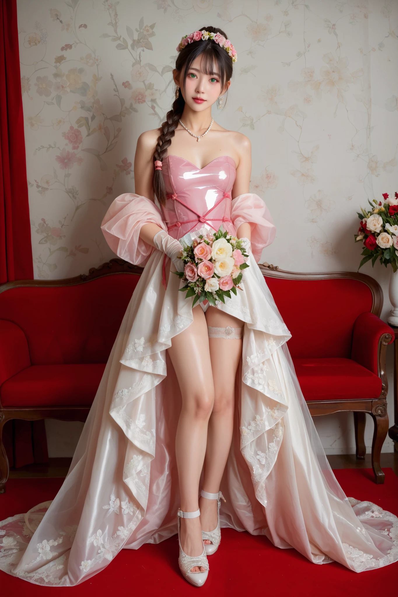 score_9, score_8_up, score_7_up, score_6_up, 1girl, 1007 Chinese wedding dress,Transparent latex dress with floral pattern,เดินที่สวนสาธารณะตอนกลางคืน, lots of frills, off the shoulder dress, round breasts, green eyes, long gold hair braided,Transparent pink Latex jacket with a flower crown on her head, lacy silver gloves,holding a bouquet of flowers, crystal earrings, light makeup, pearl necklace,Shibari,thigh bands,Metal Ballet shoes,earrings, hair clip,ปลอกคอโลหะ.มุมมองเต็มตัวจากด้านข้าง 45 องศา.