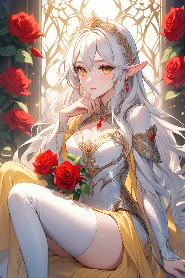 <lora:edgBloodElfAttire:0.7>, edgBE, red and gold, wearing edgBE, elf, a beautiful young woman wearing golden and red dress, jewelry, necklace, earrings, light smile, (very long hair:1.3),
Strong female, green eyes, short silver hair, white robe, fov, f/1.8, masterpiece, (veil, mouth veil), blood moon, night, flower petals flying, front portrait shot, side light, moonlight shining on people, 8K,