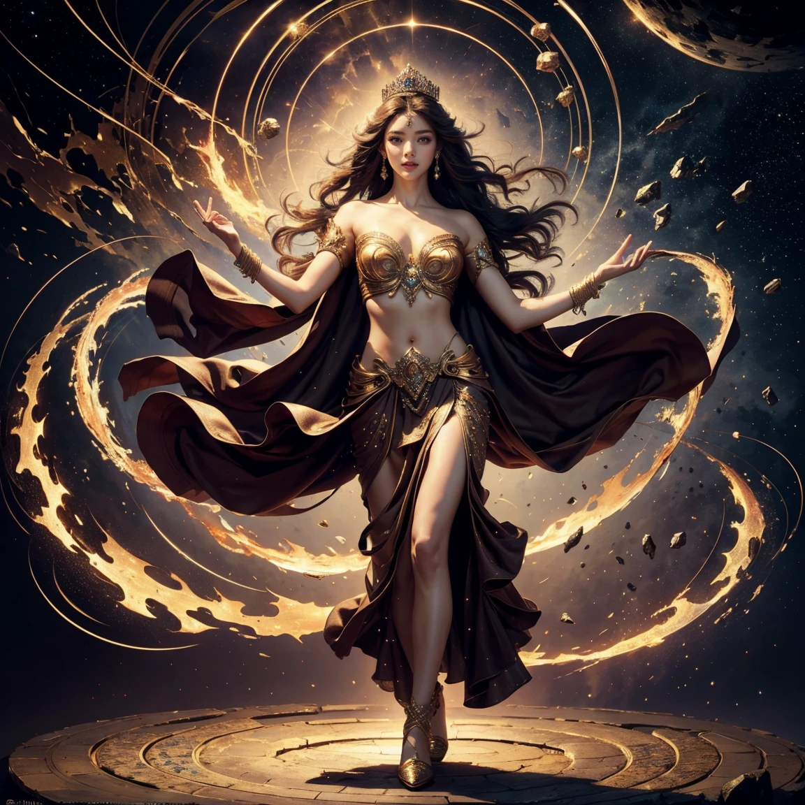 1girl, 2girls, thin-clear dress,high pose, long-black hair, breasts, cape, cleavage, dress, earrings, full body, high heels, jewelry, d-cup breasts, lips, very-long hair, looking at viewer, multiple girls, multiple views, navel, necklace, black hair, standing, chakra-golden rays surrounded, mystical aura, ethereal, nature element, massive-smoke in background, dark moon, perfect hand, perfect fingers, unreal engine, cinema art photographic, cinematic motion picture, 8k, super detailed, bottom view, bottom camera angle,