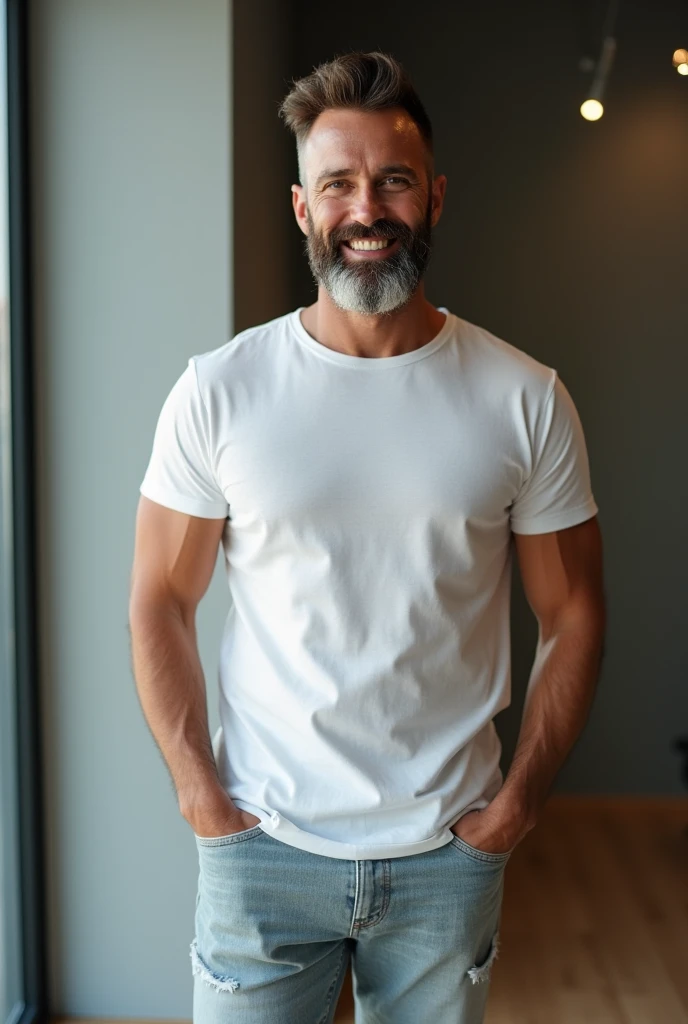 handsome man around 55 years old, happy, smiling, wearing jeans and thank top on a neutral background
