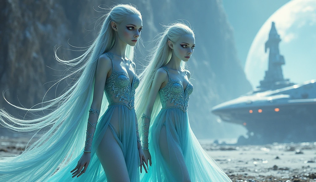 (NSFW:1.9), (best quality,8k,highres,masterpiece:1.6),ultra-detailed,realistic,(photorealistic,photo-realistic:1.4), sensual fashion,,Una sensual mujer pelo muy largo volando al viento vestida ((((sexy provocativa con un vestido de cristal y diamantes )))) posa con su arma futurista al lado de una mujer alien muy bella y erótica. las mujeres tienen gesto de placer. pasisaje surrealista de un planeta helado.
