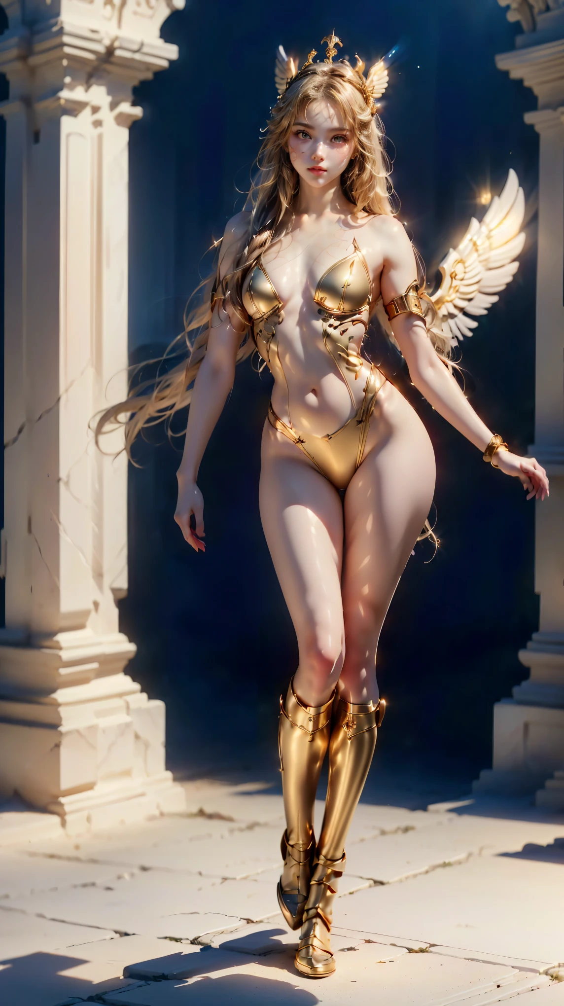 (((front light))),((ass pov)),((((front lighting)))),(Photorealistic: 1.4), (masterpiece, Front lighting, Beautiful and slim naked: 1.2), Perfect proportions, Big Breasts, Narrow waist,,((Thin waist and slim thighs)),(((Two blonde, blue-eyed European girls))),((Holding a long golden spear)),((Golden armor is worn on both thighs.)),((Smiling Girl)),((The big wings of the archangel)),((Equipped with a shield on the arm)),((Spread your big angel wings wide)), ((Saluting with a golden rifle)),((Front lighting)),((The body is naked)),((Equipped with a shield on the arm)), Ultra-realistic capture, Highly detailed, High resolution 16k close-up of human skin. Skin texture must be natural, ((Medium Shot)),((West Shot)),((((Forward light))),((((Elegant nude elegant girl)))) ,((Slender naked)),((Two skinny naked girls of European descent)),(((A nude figure facing the viewer))),(((Small breasts and exposed genitals))),(Young girl exposes her genitals))),(((The thighs and head fit within the screen)),(((View from head to thigh))),((Beautiful and balanced body)),((Do not show anything below the thighs)),((bottomless)),((topless)),((The left and right arms and left and right thighs are equipped with golden armor.)),((ass pov)),(((from front))),(((cowboy shot))),(((standing pose))),photo realistic,master piece,((ultra detailed)),looking at viewer,smile,photorealistic,Shiny baby blonde silk hair,((She has a large hair ornament and golden armor on her belly.)),((Looking at the viewer from the front)), (((Young face and young body)),((Looking horizontally at the viewer)),(Exposing the viewer to full frontal nudity),((Face forward and look at the viewer at the same height)),((Show your naked body to the viewer with your hourglass figure)),(((Wearing a large golden hair ornament))),No underwear ,((((Naked elegant and graceful girl)))) ,((Naked from head to thighs))、((No underwear whatsoever))、((Head to knee nude shot)),((Beautiful hourglass figure)),((Wearing a cape)),((Beautiful style)),Beautiful and detailed character art, Very detailed, Girl in shiny armor, Beautiful white and shining skin, Unparalleled beauty, ((Shiny baby blonde silk hair)),Realistic, 3D Face,Shiny Hair, Glowing Skin,((Thin Hair,No makeup,Brilliant Light)),Fantasy,Beauty products,Very detailedな顔のテクスチャ女性,Soft natural light,Create a dreamy and magical atmosphere.