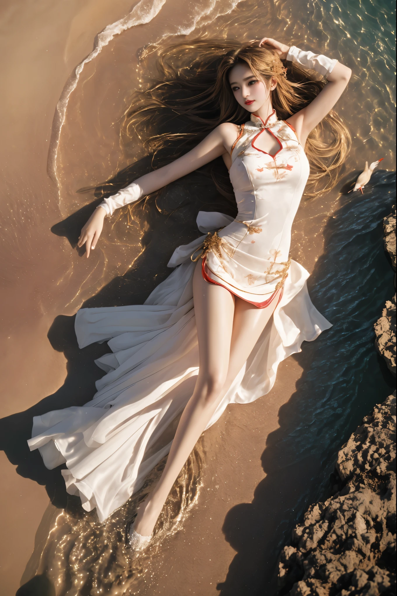  yuuki asuna,qipao, china dress, chinese clothes, sleeveless, bare shoulders, ,,(photorealistic beautiful woman:1.2), (natural makeup:1.1), (delicate facial features:1.1), (sexy long-legged model:1.3), (golden ratio body proportions:1.2), (lying on the beach at the edge of water:1.4), (top-down aerial view:1.3), (bird's eye perspective:1.2), (waves gently touching ankles:1.1), (long slender well-proportioned legs:1.4), (body forming perfect S-curve:1.2), (soft sunset lighting:1.1), (warm golden tones:1.1), (smooth skin texture:1.1), (wet reflective sand:1.0), (transparent water with light refraction:1.0), (centered composition:1.0), (romantic dreamy atmosphere:1.2), (professional studio lighting:1.1), (8K ultra high definition:1.2), (high dynamic range:1.0), (sharp focus:1.1), (ambient occlusion:1.0), (cinematic color grading:1.1), (intricate details:1.1), (distortion-free wide-angle lens:1.0), (shot with Canon EOS R5:0.8)