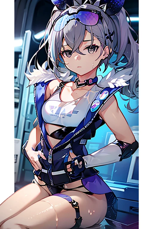 Masterpiece, Best quality, Flat color, Limited tonal and low contrast,1girll，Best quality ,Masterpiece,whaite hair,pony tails,With gray eyes，cyber punk perssonage，Silvertone