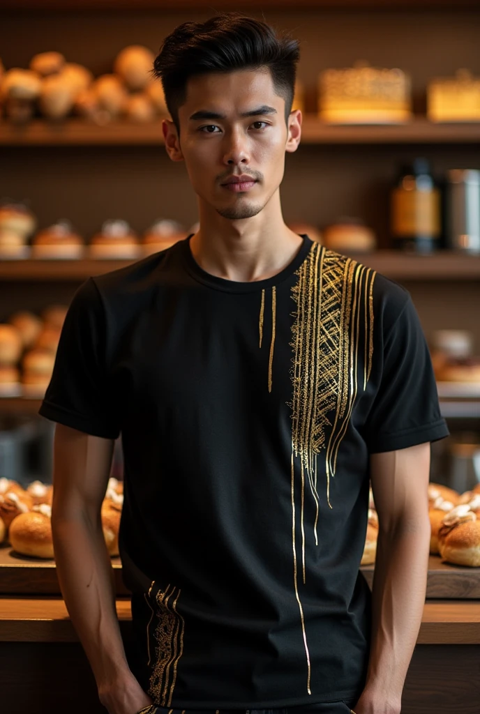 "A 30-year-old man named Raka walks with wavy black hair tied halfway. He wears modern traditional clothing, such as batik with neutral-colored trousers, and a necklace with a wooden pen-shaped pendant. His dark brown eyes express enthusiasm, and his tan skin with a small scar on his left cheek adds character. Raka carries an old leather notebook and a unique feather pen, which he uses to draw simple illustrations in the air while telling stories. With a deep and calming voice, he brings stories to life, embedding moral values and cultural knowledge in each tale. Realistic, detailed, half-body."