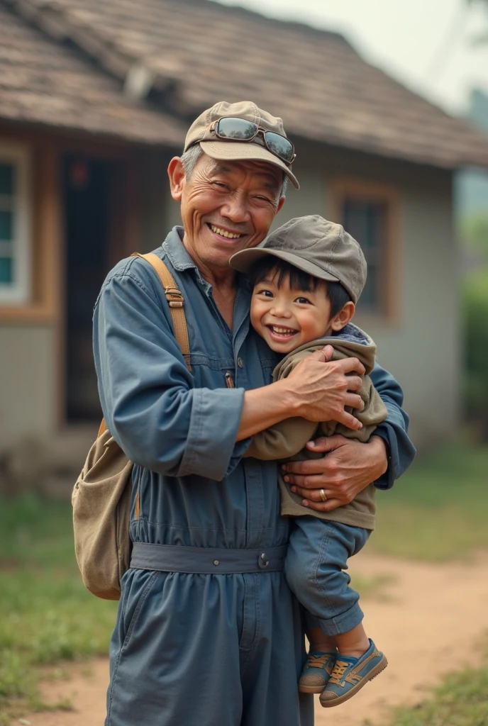(1elderly:1.1)\(1male\),( 80years old:1.1),slim body,tan skin,black hair,short hair,slim body,white skin,black hair,short hair,(1toddler:1.1)\(1boy\),( 1year old:1.1),The kind old village chief,Hold an ancient map,Golden sunset,Ray of hope,Village square,flagging,Children laugh,New school blueprint,Beacon of knowledge,Future dream,Warm evening,Tradition blends with modernity,Oil painting texture,Hd illustration,The seed of education,New chapter of village,Disney Pixar Cartoon style