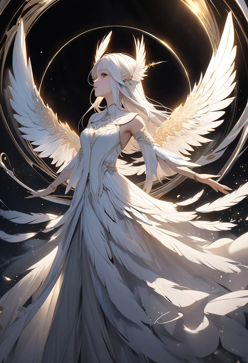 A woman with long, white hair, with majestic wings on her back, is standing in a nocturnal landscape illuminated by a soft light. Her dress is golden and fluid, matching perfectly with the glow of the stars in the background.