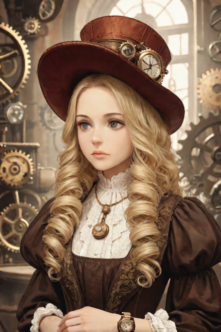 enlargement, straight blonde short curly hair ??? girl little red hat, watch on necklace, (victorian era), ((steampunk)), cinematography, Worked, elegant, Meticulous, magnificent, maximum detail, It&#39;s extremely aesthetic, intricately detailed, lots of gear, Old town background