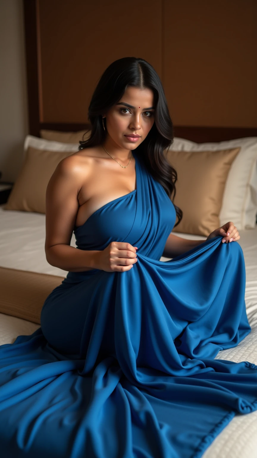 (Full body portrait:1.2),(((Sharpen))), hotel room, RAW, 8k, hard light, realistic skin texture, (((photorealism)), closeup, there is a woman, she is forty years old, looking like indian babe, she is very beautiful, she is so sexy. She wear blue dress low neck.