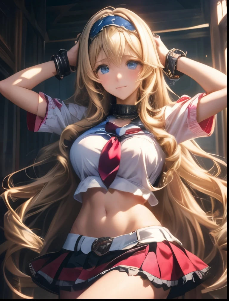 （（（ＳＦＷ、Highest quality、 first class masterpiece 、 Normal Body 、8k、  detailed faces 、 super precise、   real color 、５refer to、Highest）））、Cecilia Alcott Cecilia Alcott / Infinite Stratos、Beautiful Girl、 Gold、long hair、Vertical roll hair、slender、 slim、 can be used、ultra-thin skin see-through modified school uniform、super miniskirt、Panty exposure、embarrassed blush、is shy、The Fall of Slaves、Female slave、Slave crest with a heart pattern on the navel、Heart patch on the uterus、LongChain lead slave iron collar、Slave Chain Iron Handcuffs、hypnotism、 hypnotic state 、Hands on head、Handheld Chain、Stand、Open your mouth、Stick your tongue out、aheface、heart eye、Eyes are heart-shaped、 heart mark on eyes、Infatuated、 leg opening pose、masochist