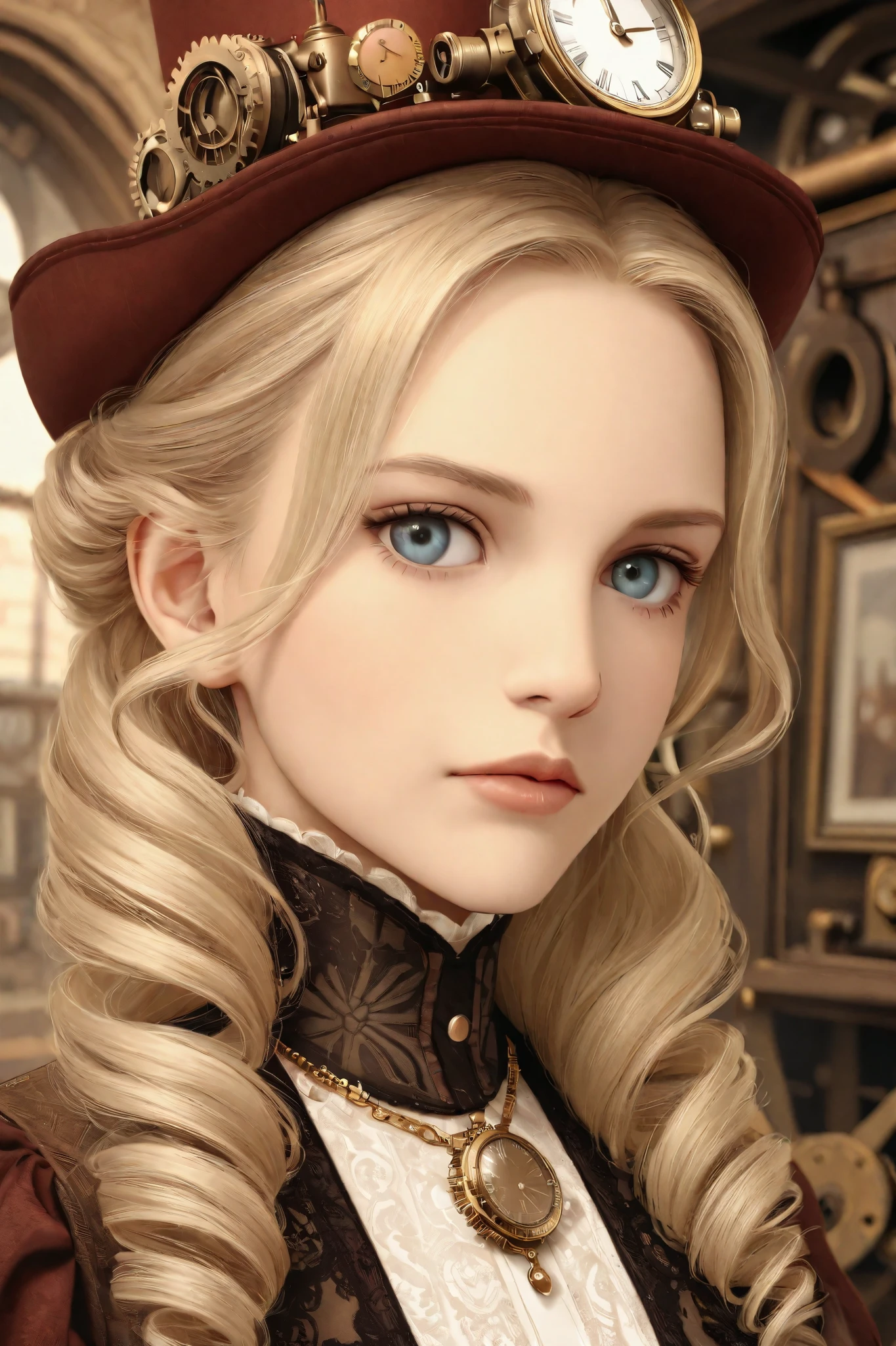 close-up, Straight Hair Blonde Short Curly Girl Little Red Hat, Necklace Watch, ( Victorian), (( steampunk)), cinematography, Worked, elegant, Close up portrait of , Spectacular, Maximum Details , extremely hyper aesthetic, finely detailed, many gears , Old town background