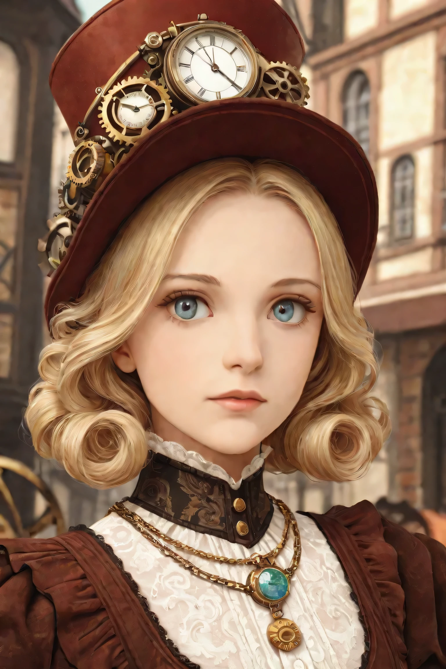 close-up, Straight Hair Blonde Short Curly Girl Little Red Hat, Necklace Watch, ( Victorian), (( steampunk)), cinematography, Worked, elegant, Close up portrait of , Spectacular, Maximum Details , extremely hyper aesthetic, finely detailed, many gears , Old town background