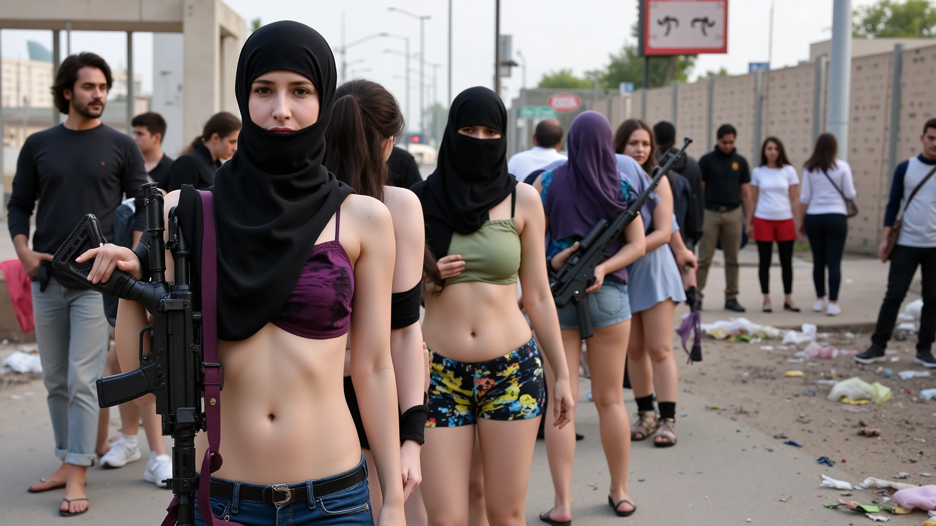 Portrait : , camera angle from the side,7 egyptian women, 20 years old, White skin,Big breasts , Wear underwear, Wear a black cloth over your head ,Revealing a beautiful face,Everybody's carrying an M4 gun.,Stand in line,In the middle of the street , outdoor,facing the camera. , , make a sad face., sad, Sad,surround , There are a lot of people.,., in chaos, , dirty, have rubbish strewn on the floor , Daytime atmosphere , a light shining on a woman's face,,. Close-up