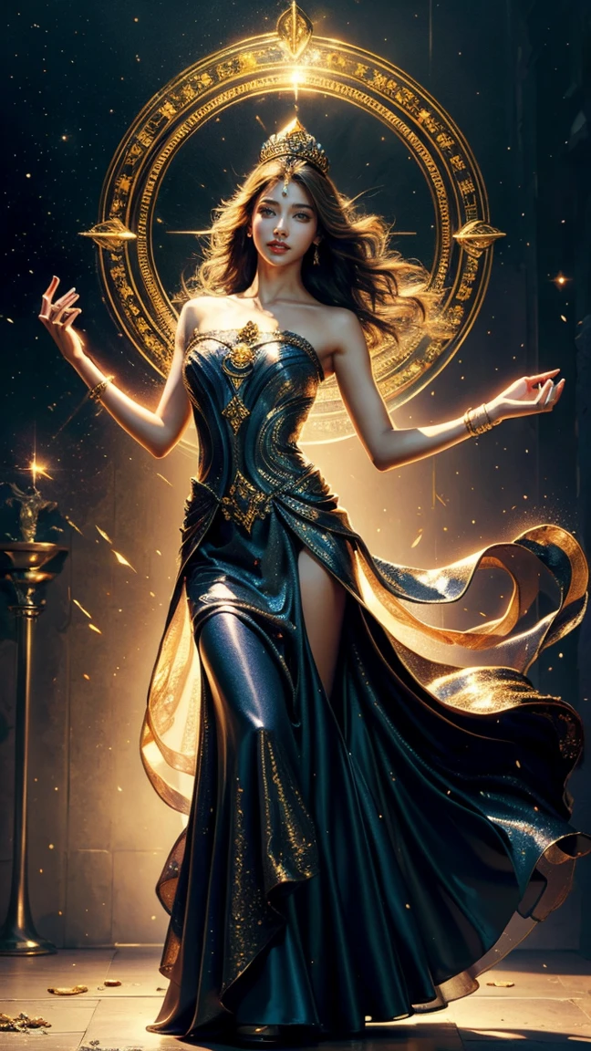 gold framed，Tarot Cards, Border, tachi-e,  （Best image quality），（Very detailed explanation），One girl，Dressed in the costume of an ancient queen，（Full Body Lesbian），A shining scepter in your hand，Crown on head，（Very perfect body），（Extremely detailed and flawless facial depiction），（Extremely detailed facial features），青いstar空，（Very large moon close up），The moonlight shines through the clouds，star（Sparkling），clothing（Glittering），(The image is surrounded on all four sides by a tarot-like frame.)，（masterpiece），（8k wallpaper），myth，Fantasy Theme，Surreal Realism，Realistically、Facing forward