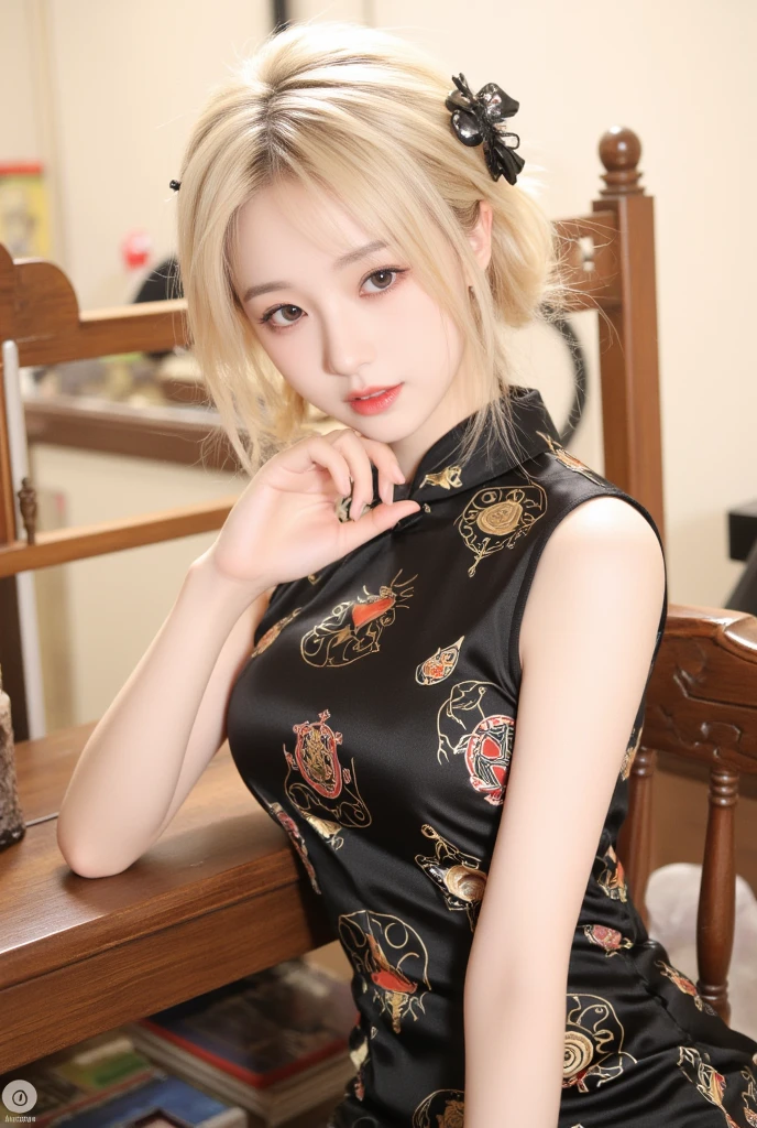beautiful young woman、lip-gloss、shy smile、whole body、good style、、、、、Big Scorpion Print Tight Mini Cheongsam Dress、Braid、(platinum blonde hair (platinum blonde))、Cinematic Light、large chinese restaurant background