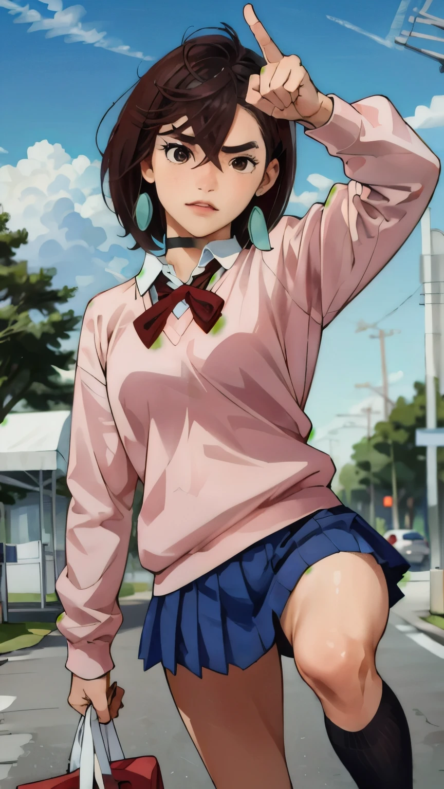 score_9,  score_8_up,  score_7_up,  source_anime, BREAK 1 girl, viewers after shaving armpit hair, outdoor, scenery,  green, blurry background, Dutch Angle, v Pose, Armpits Closed , schools, Ayase Momo, brown hair, short hair, hair between eyes, asymmetrical bang , brown eyes, earrings, black choker, schools uniform, white collared shirt, pink sweater,  Long Sleeve,  red ribbon, blue skirt, miniskirt,  white socks, loose socks, brown footwear , 