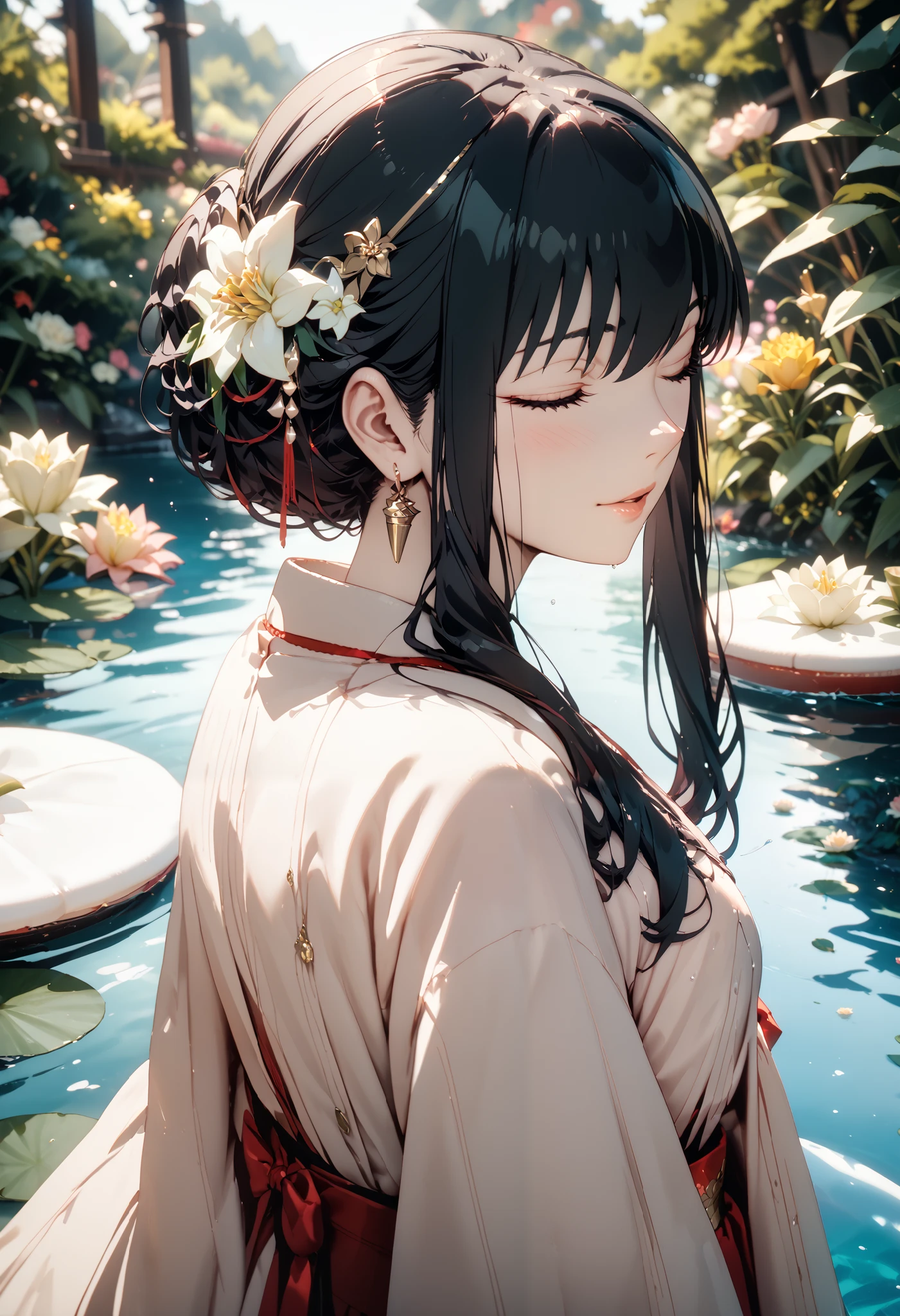 Yor forger PonyXL, adorned with delicate (((Lily flower patterns))), which seem to radiate out from her face, blending seamlessly with the (((traditional Japanese garb))) that she wears. The atmosphere is one of (serene dew on a leaf), with a soft ((soft pink and deep red hues)) that give off a (subtle evening vibe). A single (((drop of water))) gently falling onto her face completes the fantastical scene, evoking a sense of (intricate artistry) that defies the realm of (hyperrealism).