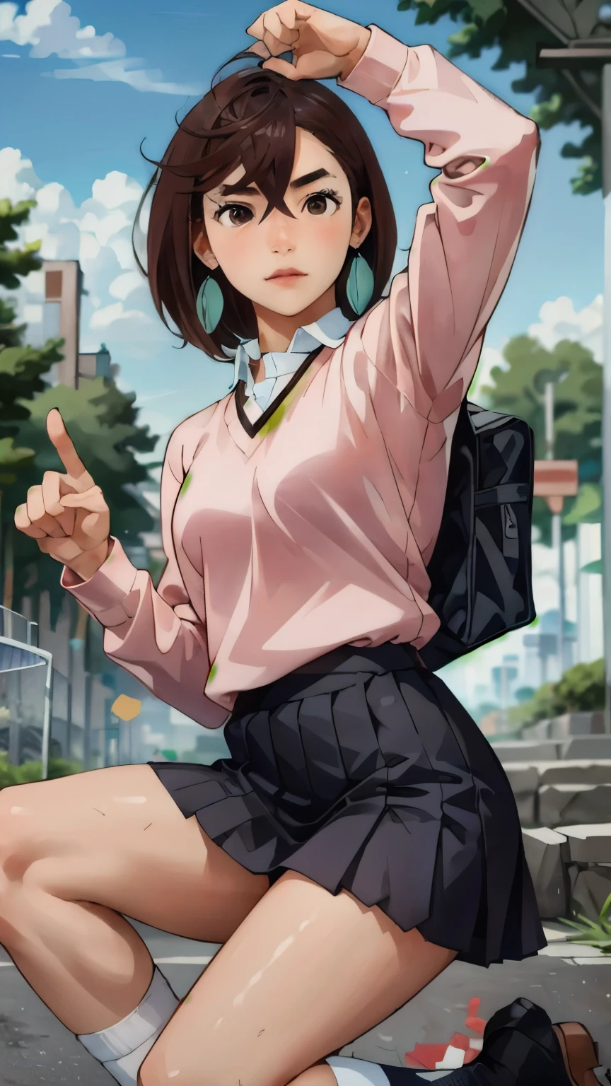 score_9, score_8_up, score_7_up, source_anime, BREAK 1 girl, viewers after shaving armpit hair, outdoor, scenery, green, blurry background, Dutch Angle, v Pose, Armpits Closed , schools, Ayase Momo, brown hair, short hair, hair between eyes, asymmetrical bang , brown eyes, earrings, black choker, schools uniform, white collared shirt, pink sweater, Long Sleeve, red ribbon, blue skirt, miniskirt, white socks, loose socks, brown footwear ,