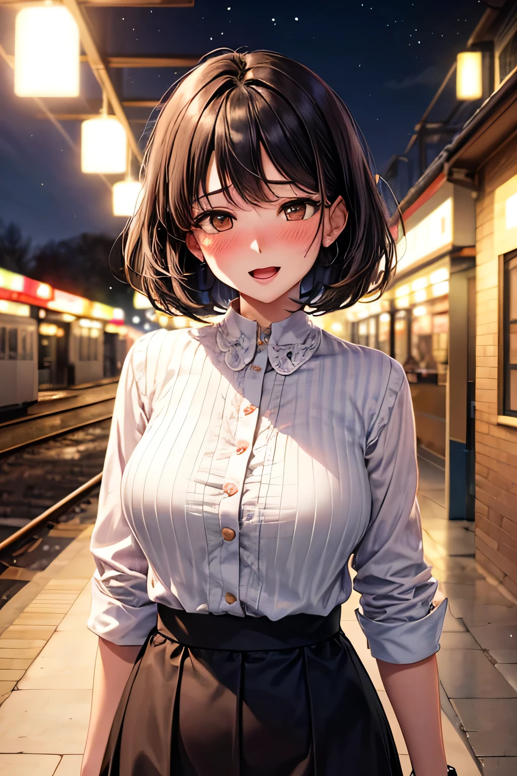 ((masterpiece, Highest quality, High resolution,4K)), One girl, single, alone, Beautiful Anime Girls, I could see the whole body,((Wave shorthair、Blue ash glossy hair)), ((Detailed face, blush:1.2)), ((Detailed eyes, Beautiful eyelashes、Anime Eyes Style, Wistful eyes, Gray Eyes, Glitter effect)), ((Smooth texture:0.75, Realistic texture:0.65, Realistic:1.1, Anime CG style)), Dynamic Angle, Big Breasts, valley, Standard body type、 ((close, throw, cute, Hand in hand)), ((Casual clothing, White sweater, race、Short pleated skirt, bra、I can see your attractive thighs)), Outdoor Background, Absurd background, Bokeh:1.1, ((night, night lights)), Urban construction, ((Minimalist Necklace, tote bag))、I can see your pants、Raise your legs