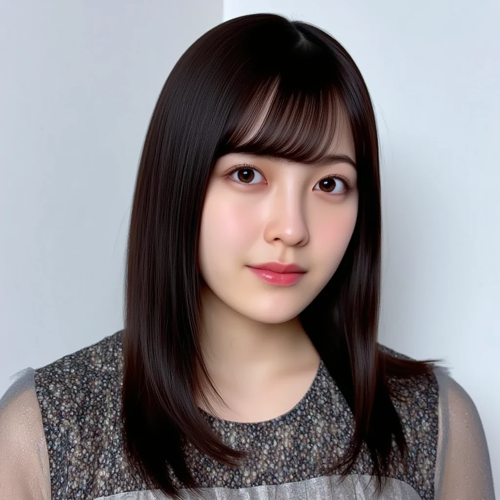 Silky smooth black hair、 hairstyle is straight、Long hair up to chest、ponytail